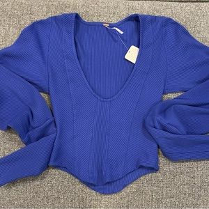 NWT Free People Ribbed Blue Long Sleeve Crop top sweater - Sz. XS